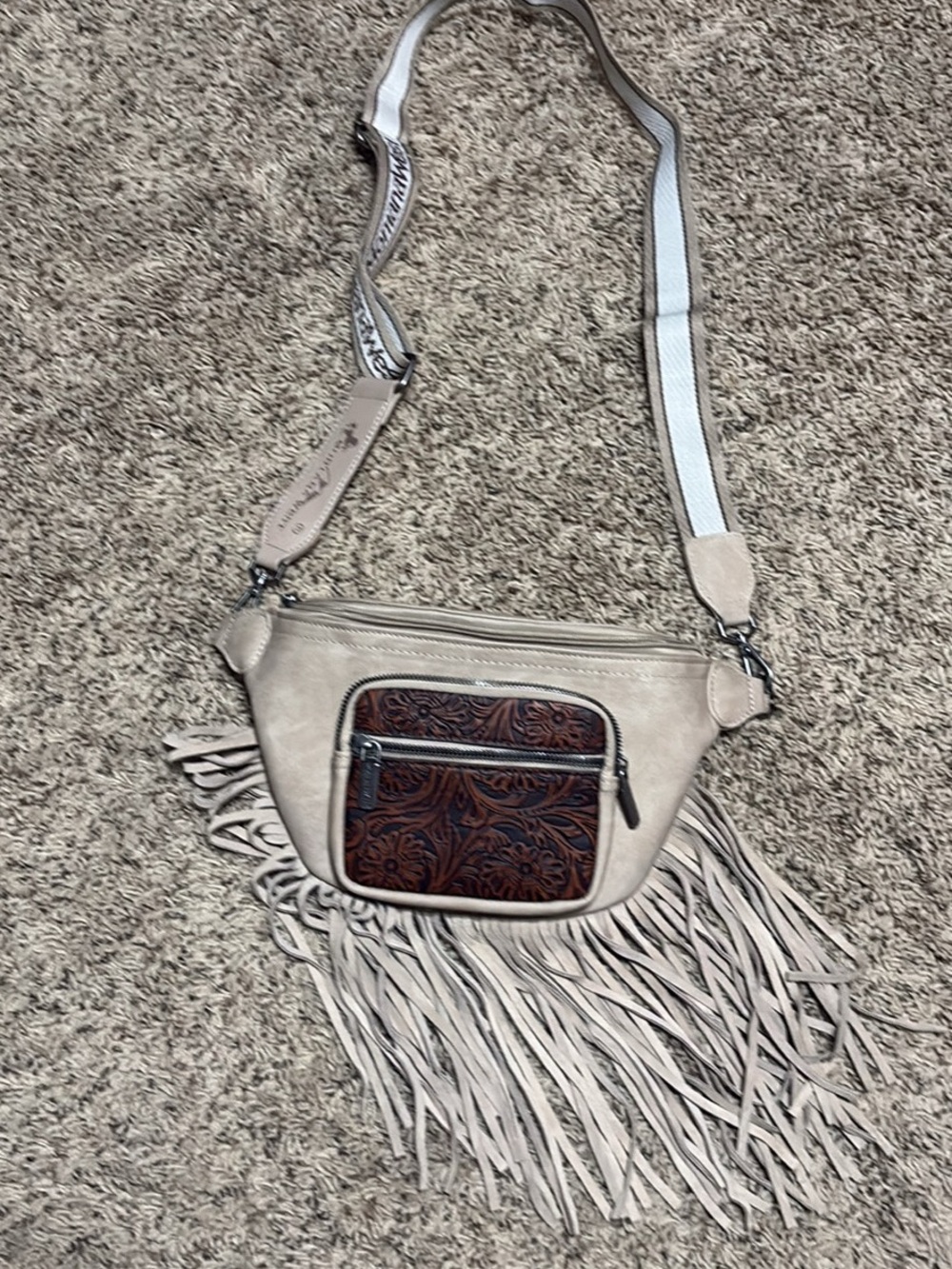 Wrangler Light Taupe Crossbody Fringe Bag with Tooled Brown Front Pocket